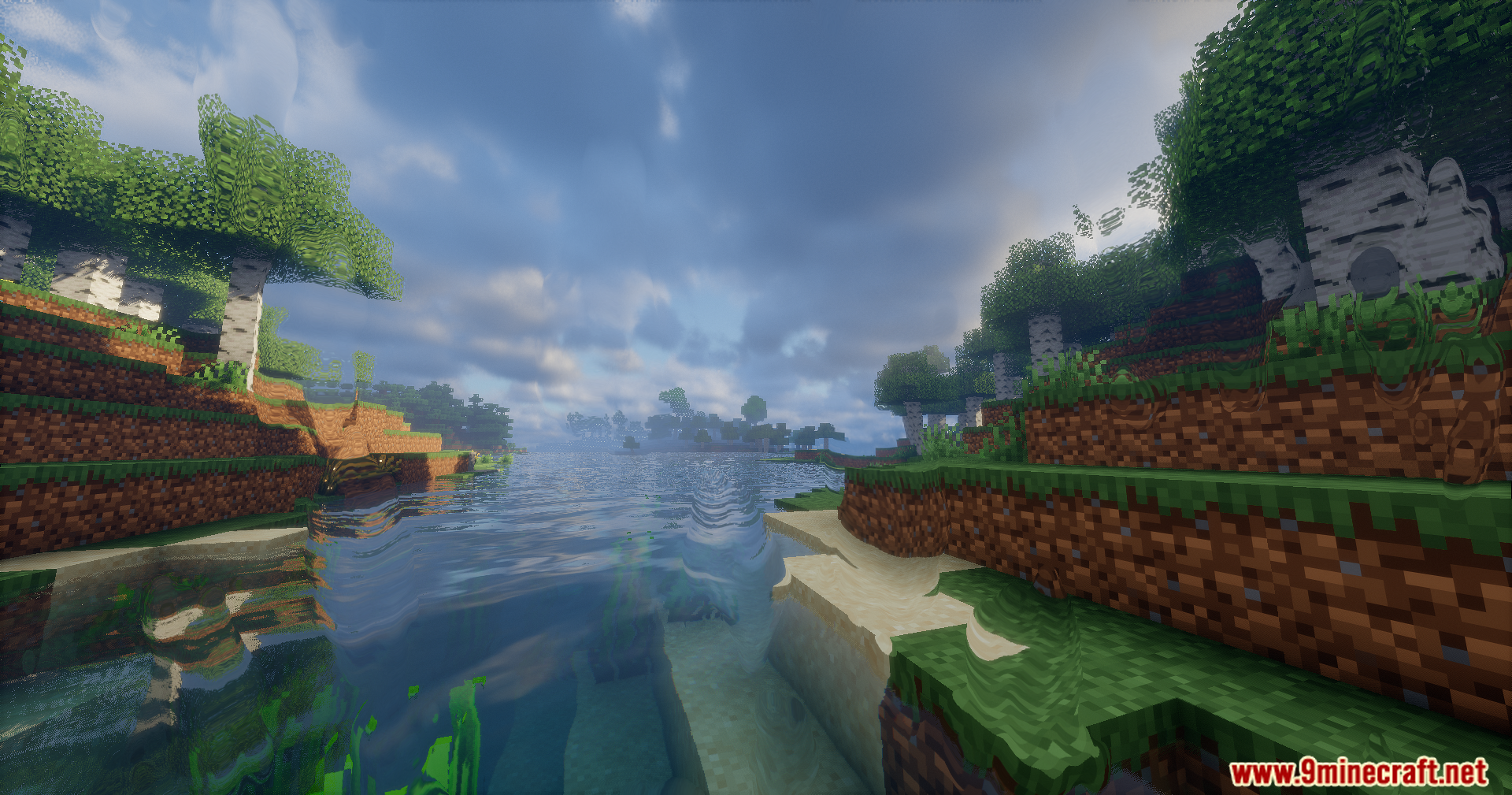 Realistic water reflections and waves in a river flowing through a birch forest