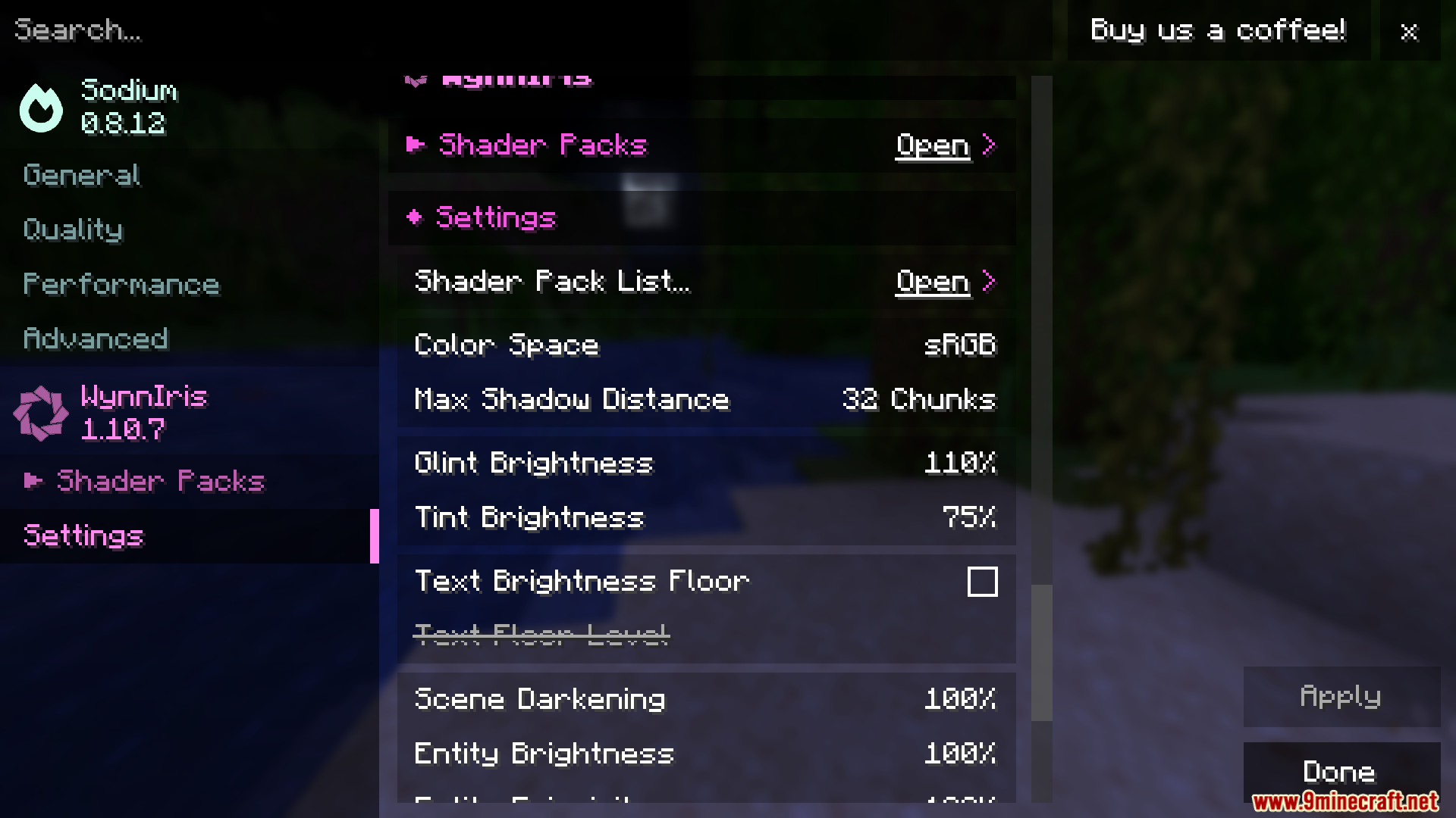 The WynnIris configuration menu showing various visual effect and shader settings
