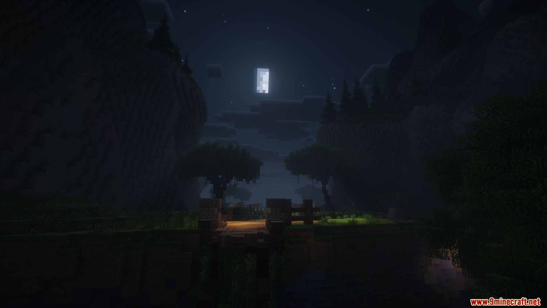 Atmospheric nighttime landscape with shaders showing a moonlit bridge and trees