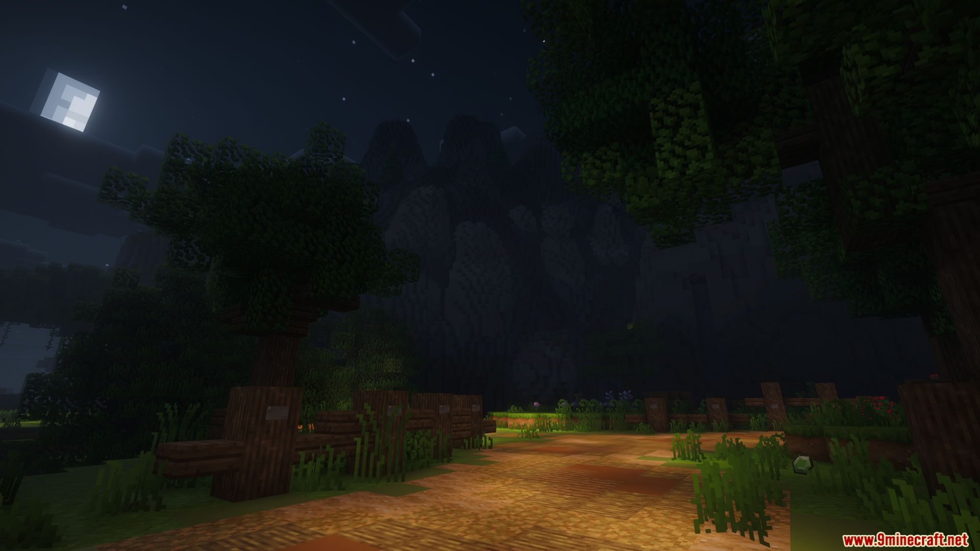A moonlit dirt path leading toward dark mountains under a starry sky