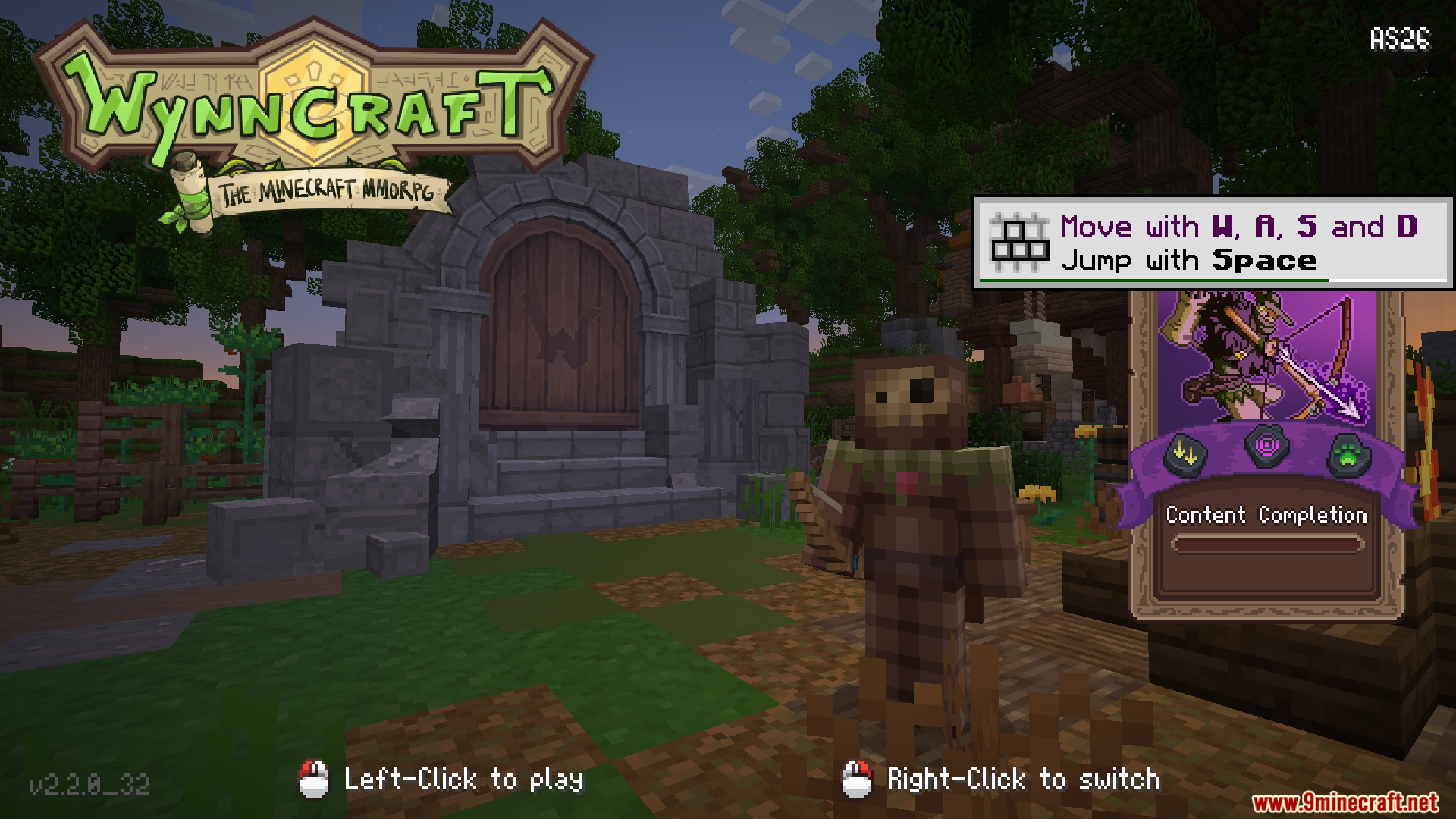 A player character and character card on the Wynncraft selection screen
