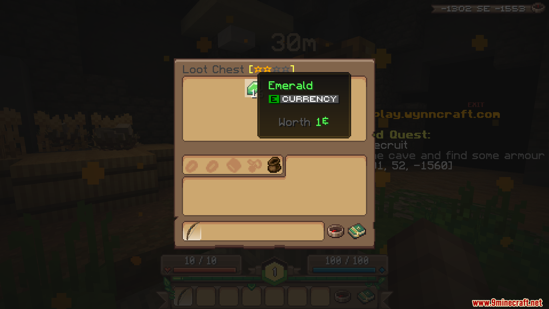 Opening a loot chest to find an emerald currency item in Wynncraft