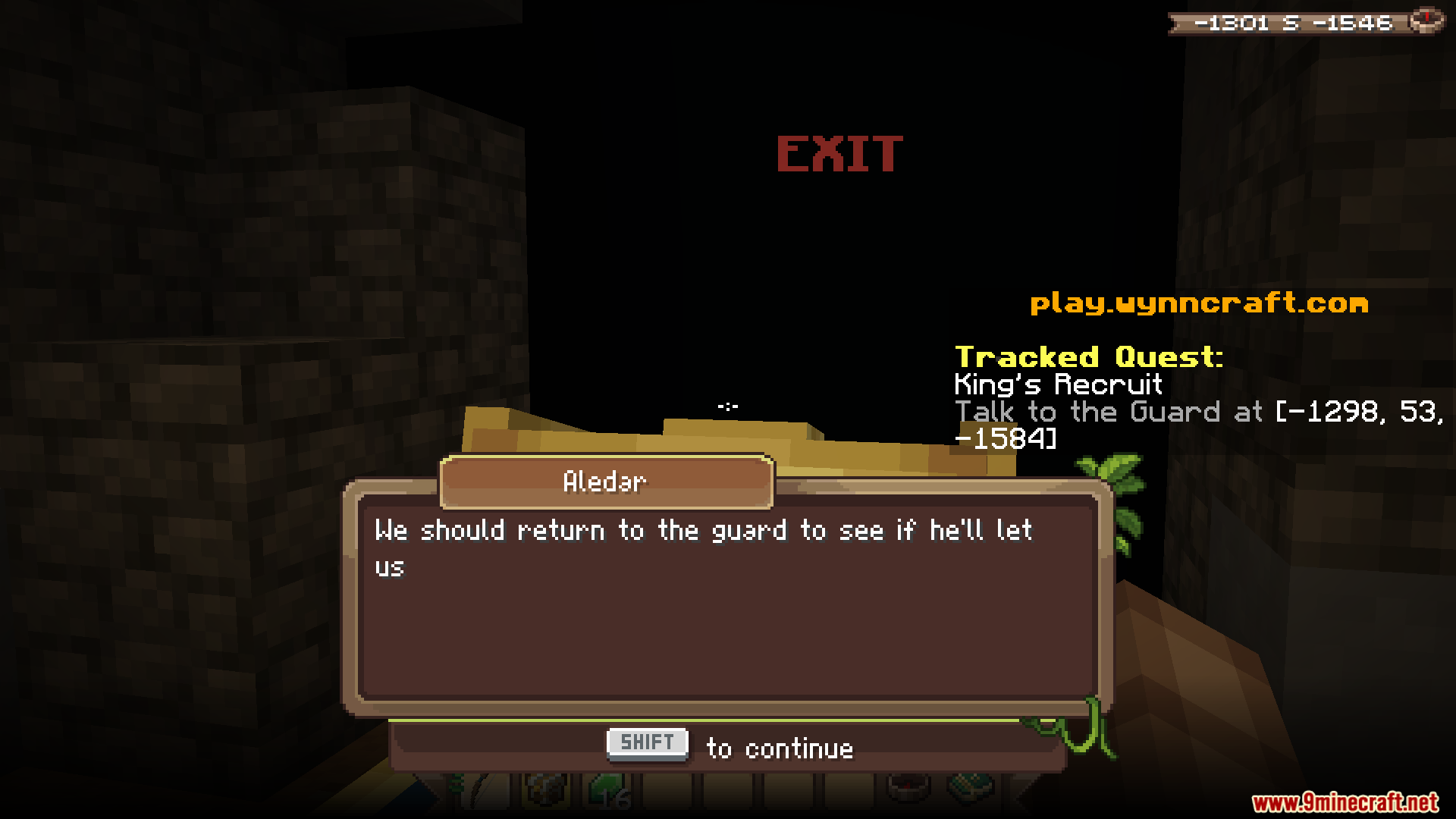 A character dialogue box appearing during a quest on the Wynncraft server