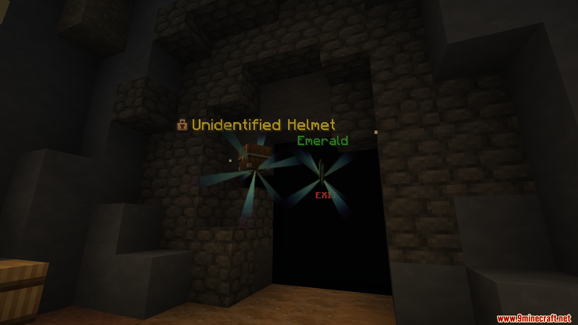Custom loot labels and exit sign rendered in a dark Minecraft cave