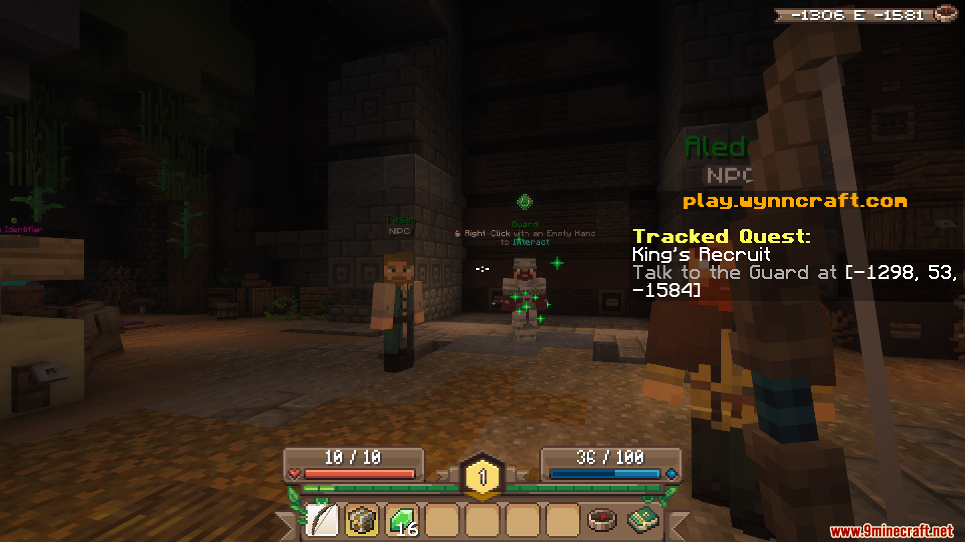 A player holding a bow interacts with a guard NPC in Wynncraft