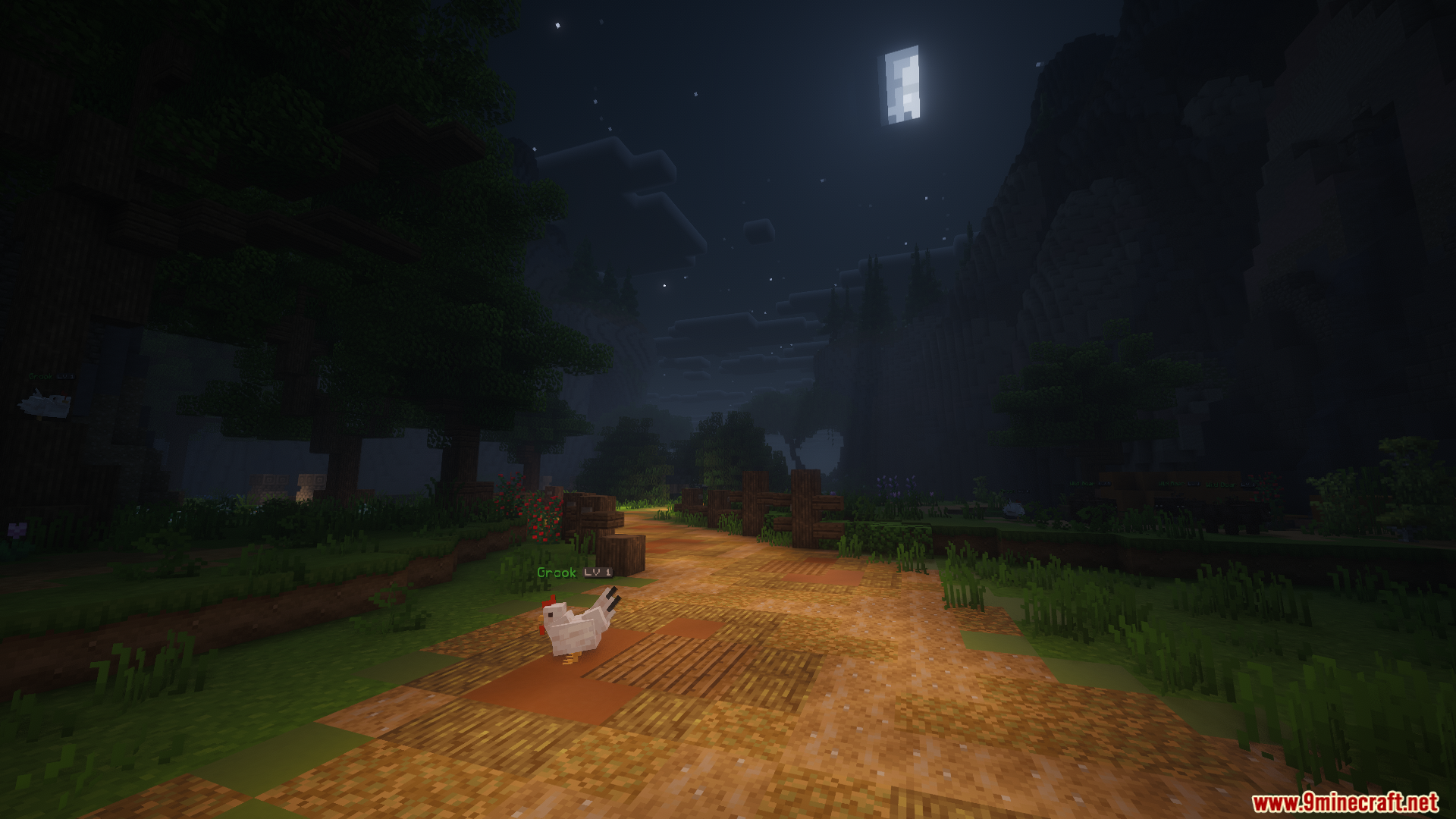 A chicken stands on a dirt path under a bright square moon