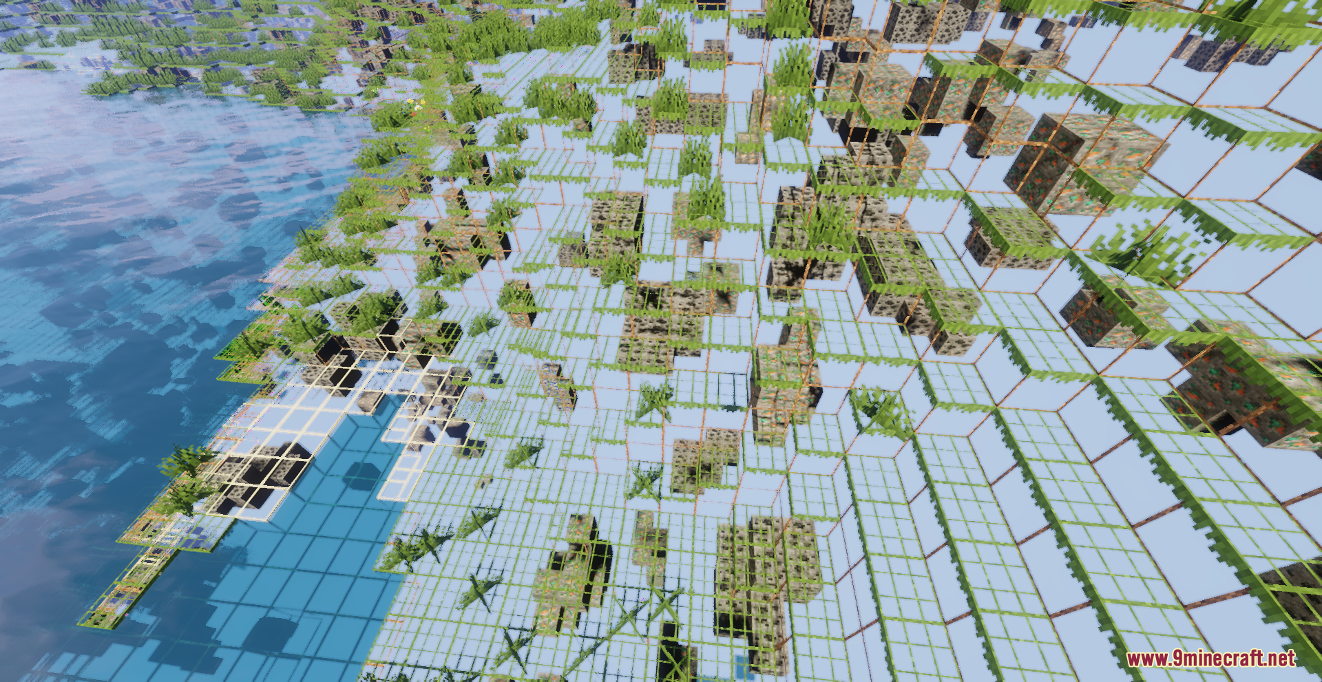 X-Ray Pluss Resource Pack Screenshot 12 Perspective view of transparent terrain showing valuable ores hidden beneath the surface