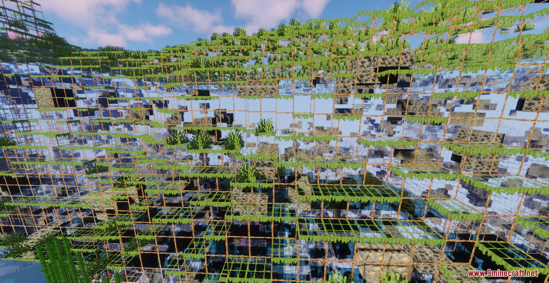 X-Ray Pluss Resource Pack Screenshot 4 Side view of transparent terrain showing various blocks buried deep beneath the surface