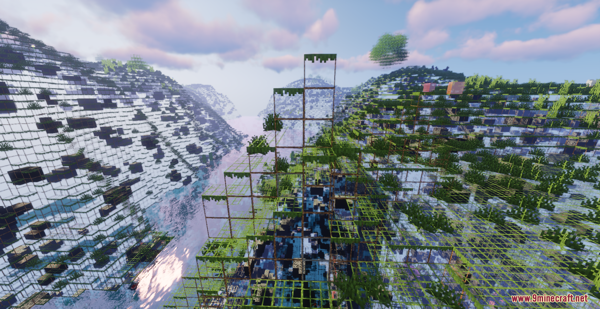 X-Ray Pluss Resource Pack Screenshot 5 Transparent mountain landscape showing hidden ores and structures through the ground