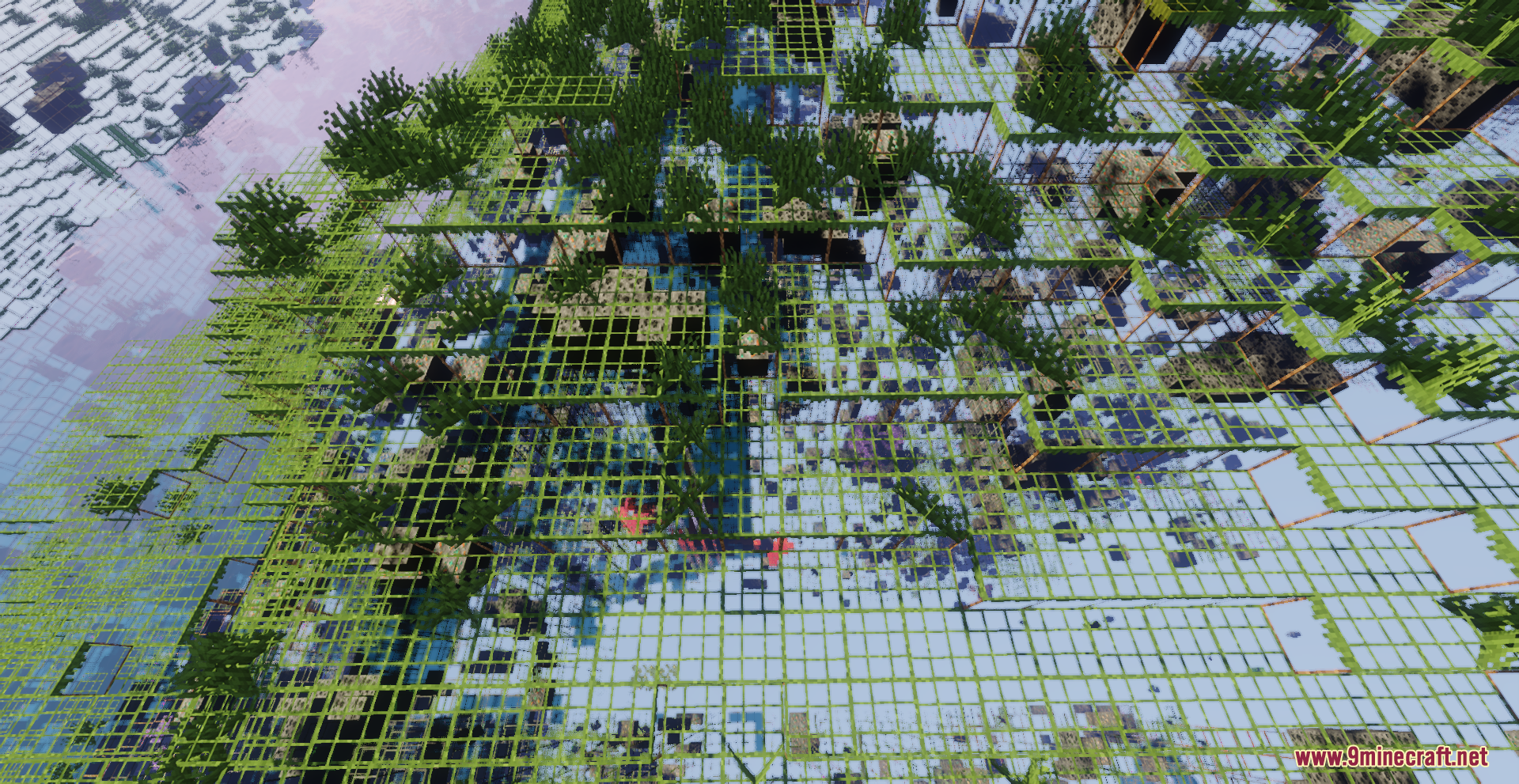 X-Ray Pluss Resource Pack Screenshot 6 Aerial view of transparent terrain revealing underground caves and valuable mineral blocks