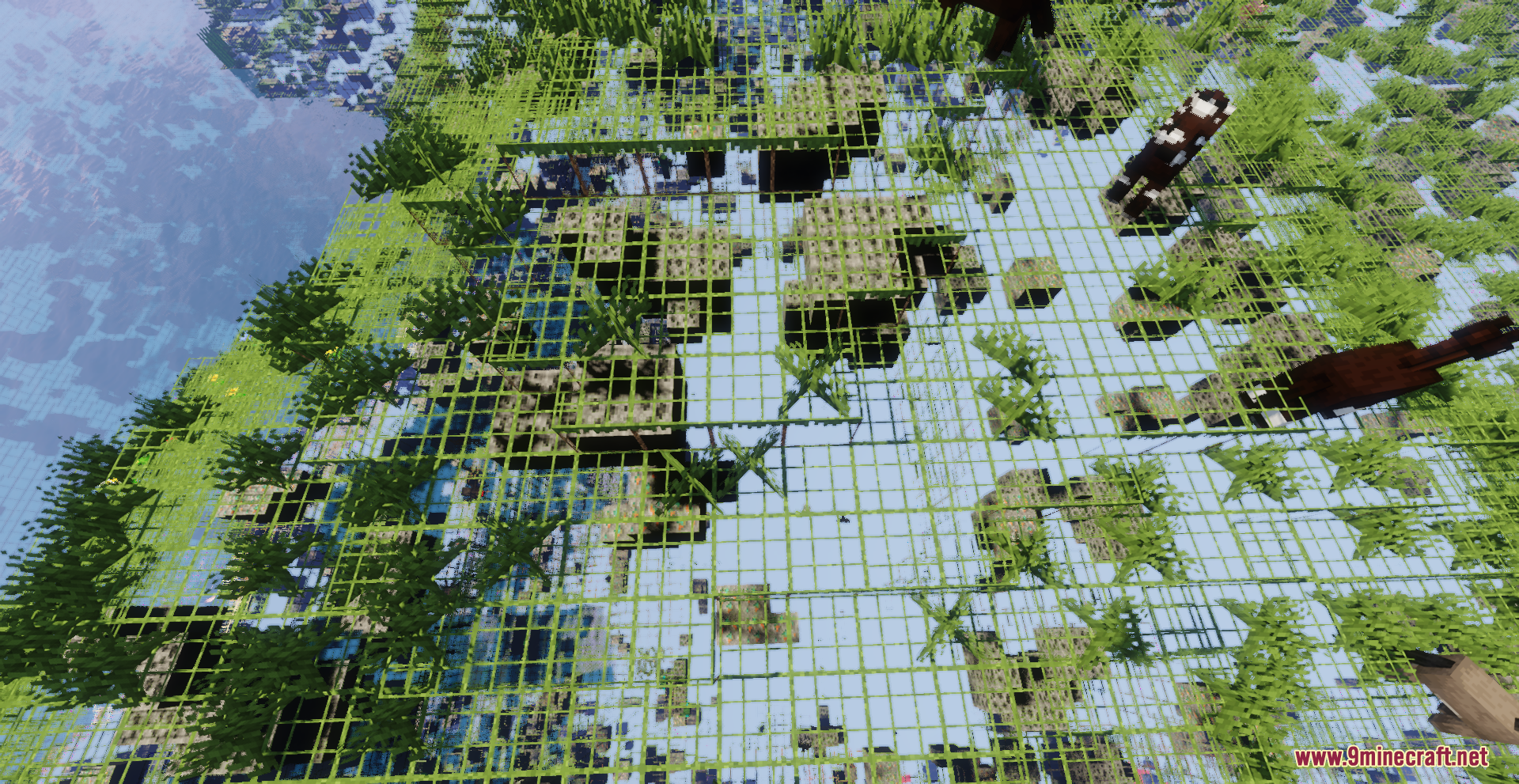 X-Ray Pluss Resource Pack Screenshot 8 Animals standing on invisible ground blocks showing the grid pattern of the pack