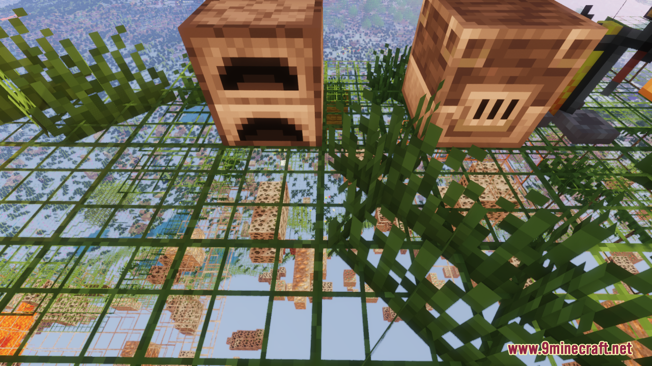 A furnace and smoker placed on transparent ground revealing hidden ores below
