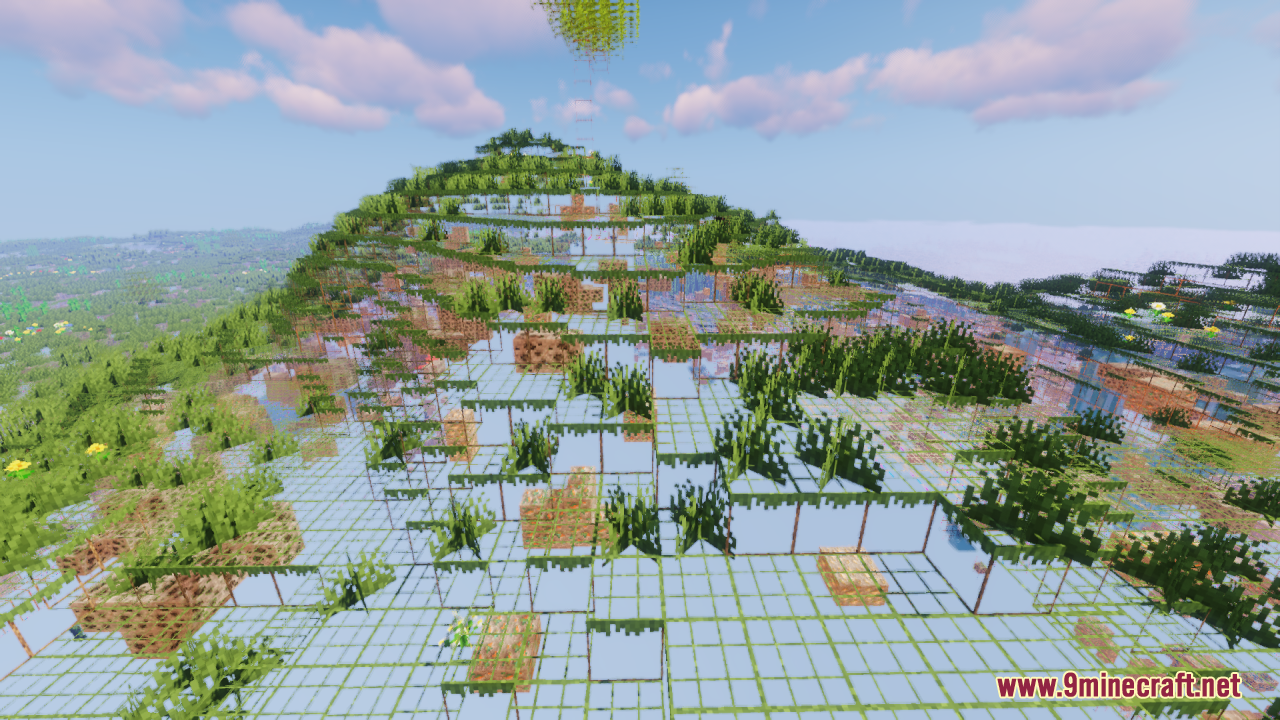 A large hill made of transparent blocks showing the internal terrain structure