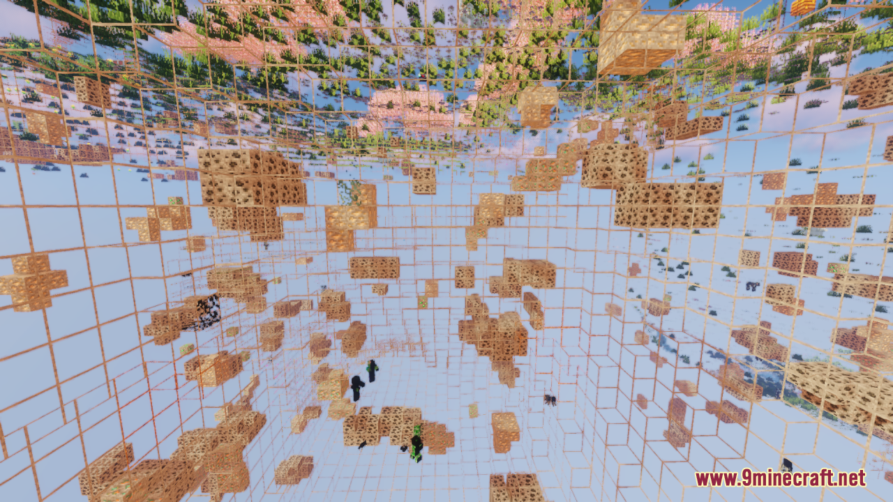 Transparent blocks reveal hidden ores and mobs in a grid style underground world