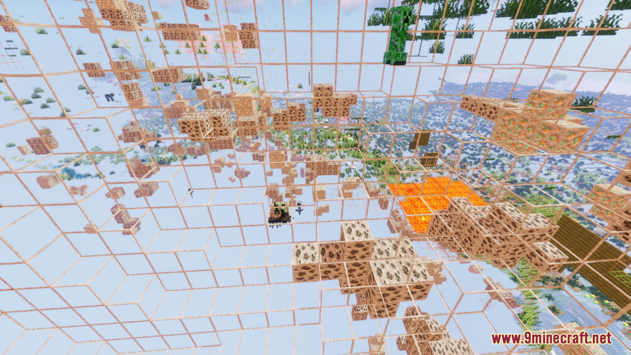 Transparent blocks reveal hidden ores and lava pools in a Minecraft world