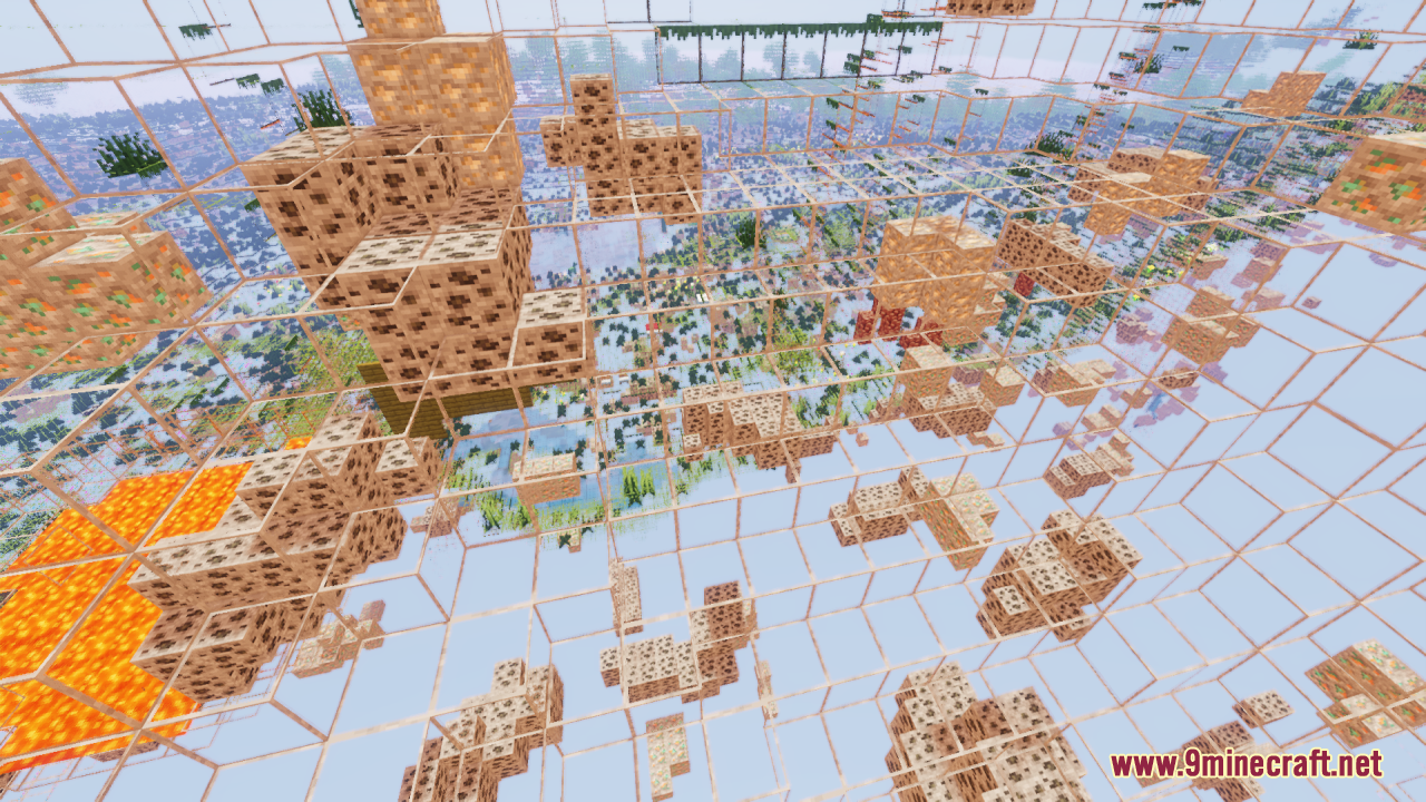 Various ores floating in a grid of transparent blocks in Minecraft