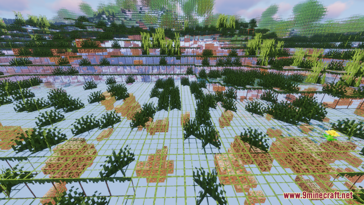 Perspective view of a Minecraft landscape with transparent blocks showing underground structures