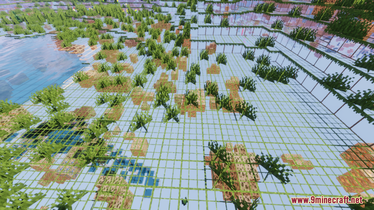 Transparent ground blocks reveal hidden ores and caves near a body of water