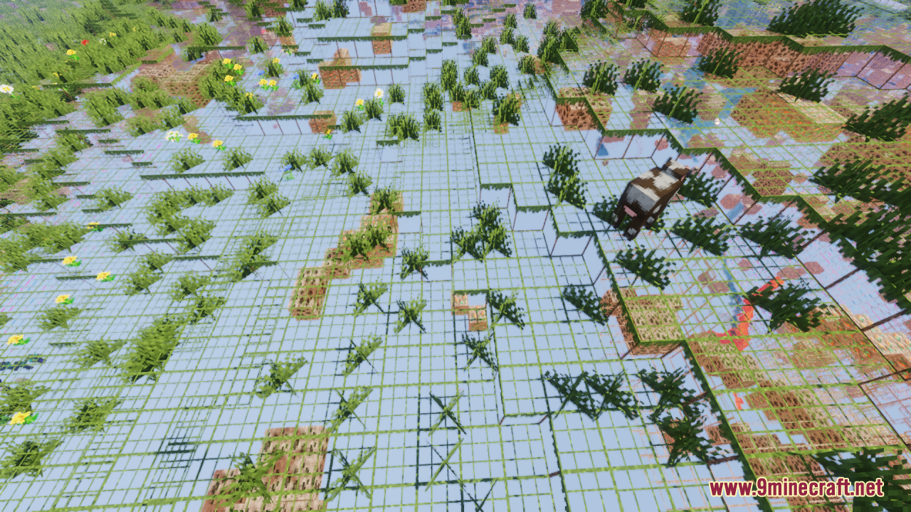 Transparent blocks reveal hidden ores and a cow in a grassy field