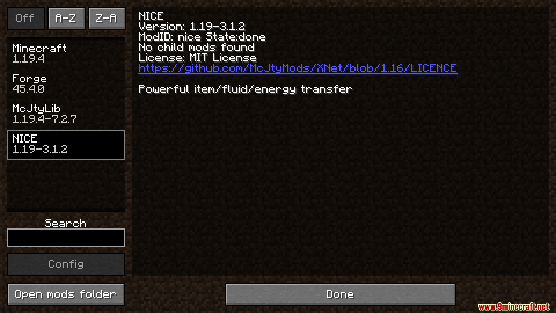 Minecraft mod menu screen showing version details for the NICE mod