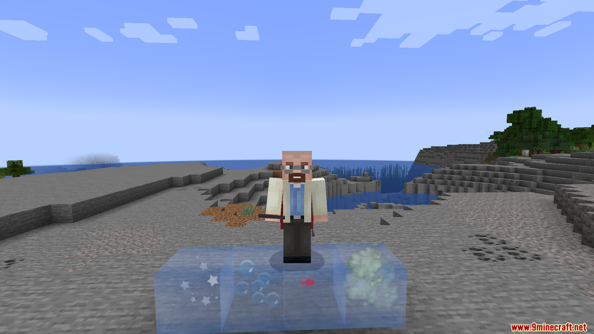 Character stands on blue glass blocks showing smoke and bubble particle effects