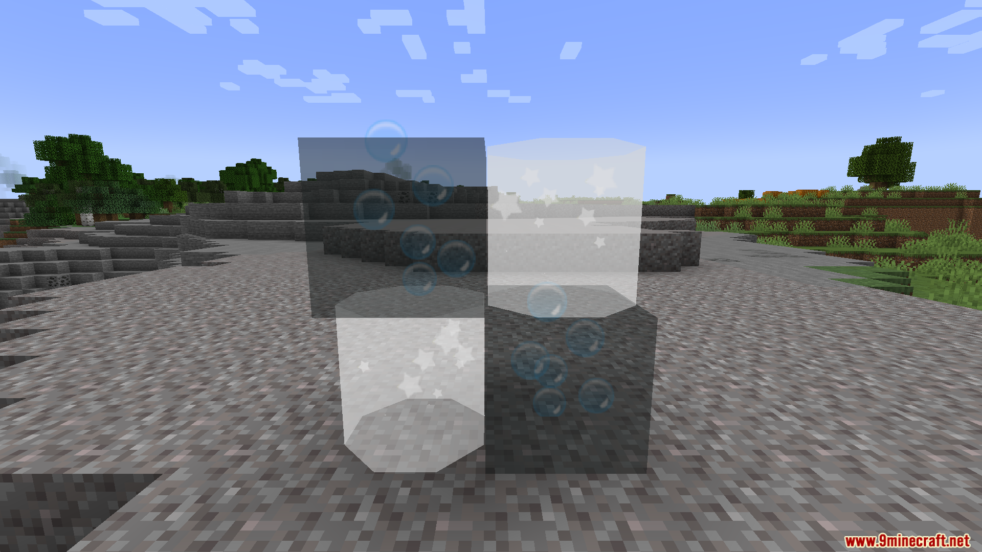 Glass blocks and cylinders with floating bubble and star effects in Minecraft