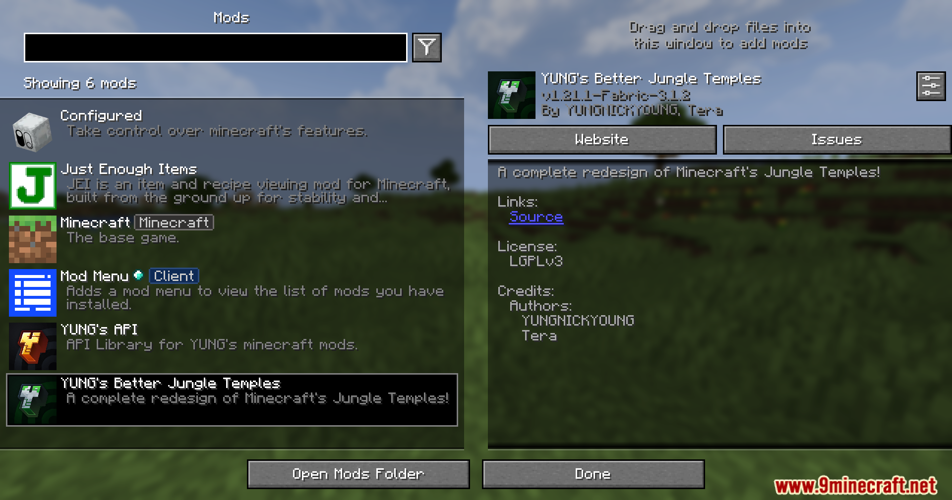 YUNG's Better Jungle Temples Mod Screenshot 1 The Minecraft mod menu screen showing the Yungs Better Jungle Temples mod