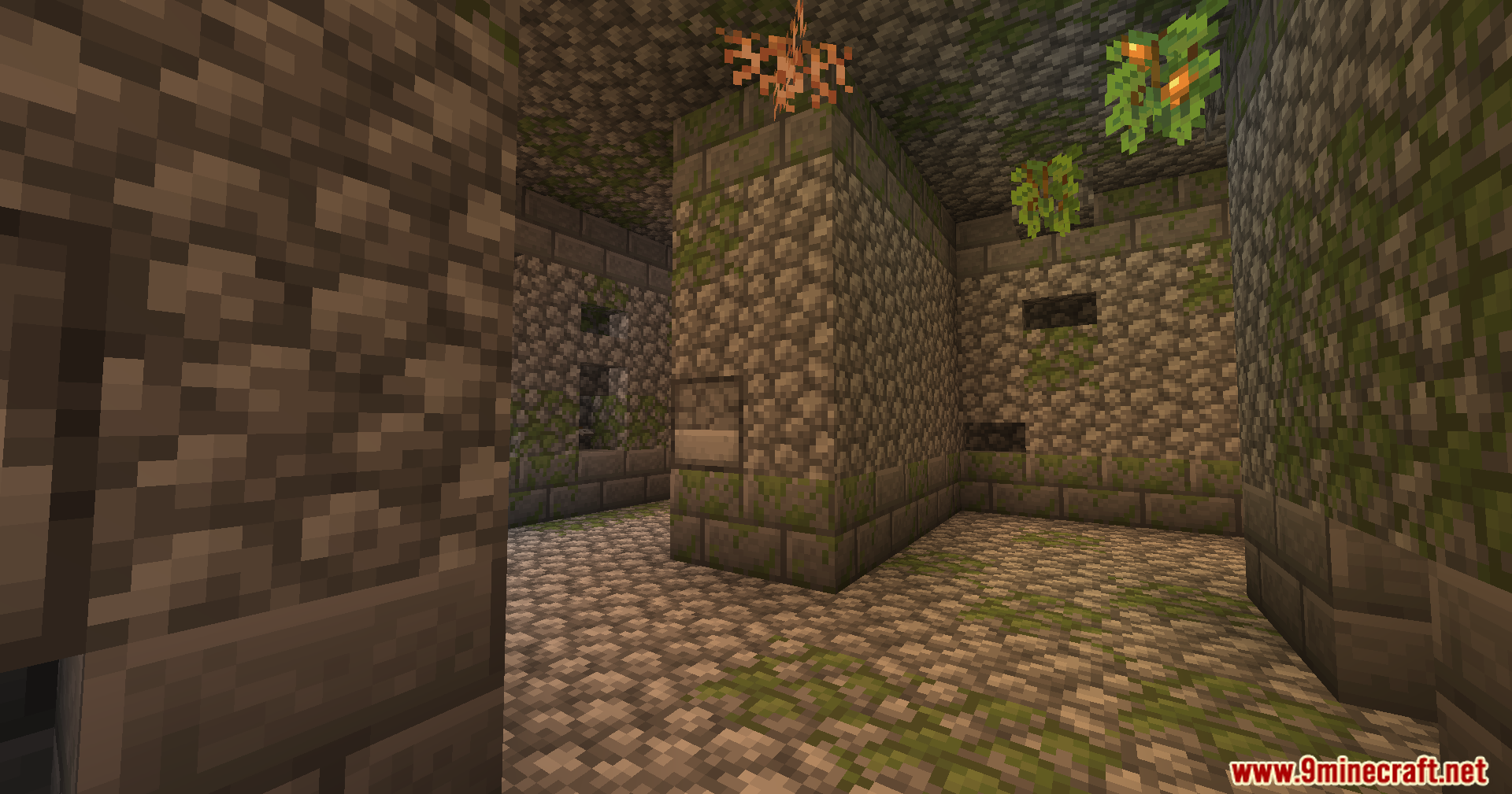 YUNG's Better Jungle Temples Mod Screenshot 10 A jungle temple hallway with mossy stone walls and hanging glow berries