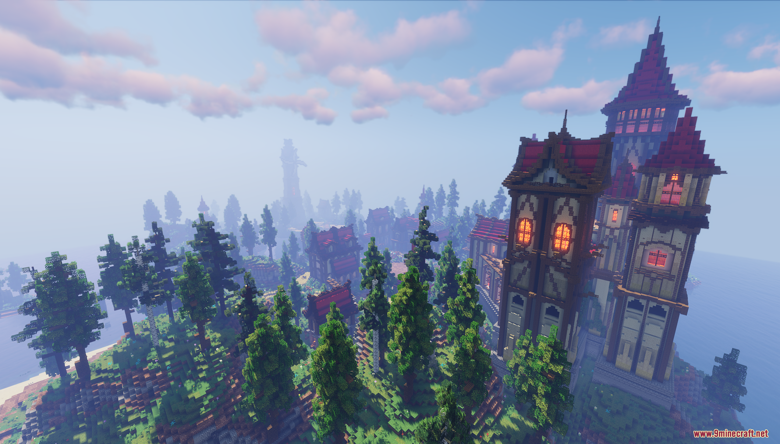 Zarakan Map Screenshot 10 An aerial view of a large medieval manor overlooking a dense spruce forest
