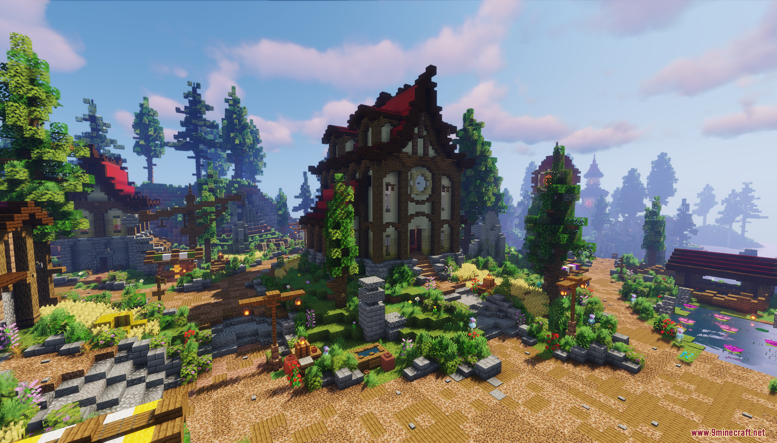 Zarakan Map Screenshot 2 A detailed wooden house with a red roof next to a village pond