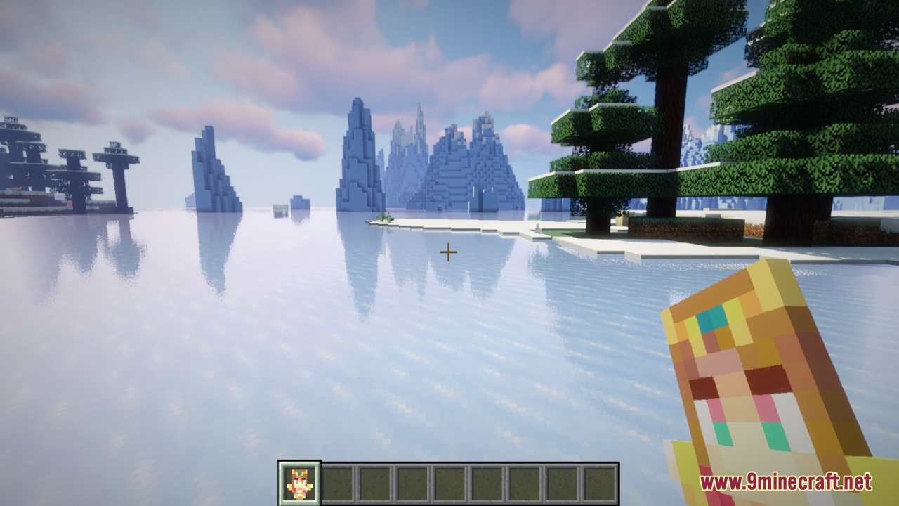 Zelda Totem of Undying Resource Pack Screenshot 1 A player holds a custom Princess Zelda totem while exploring an icy landscape