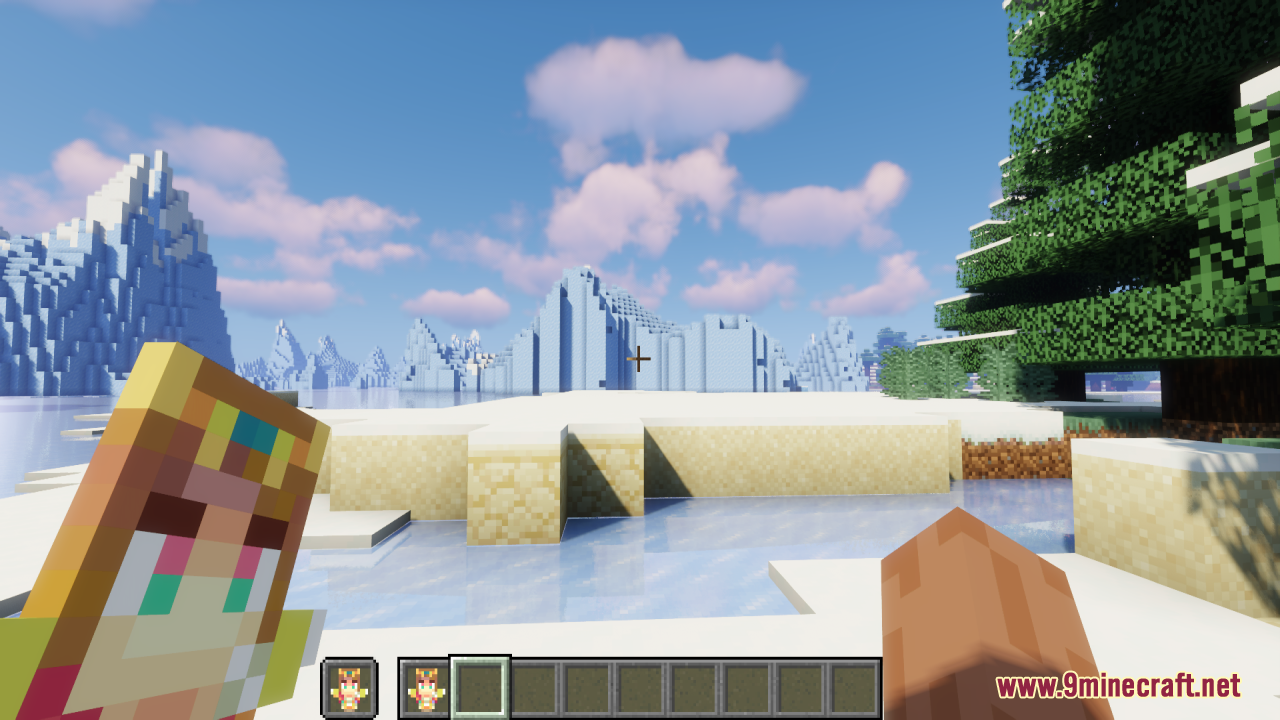 Zelda Totem of Undying Resource Pack Screenshot 5 Minecraft player holding a Princess Zelda totem in a snowy mountain landscape