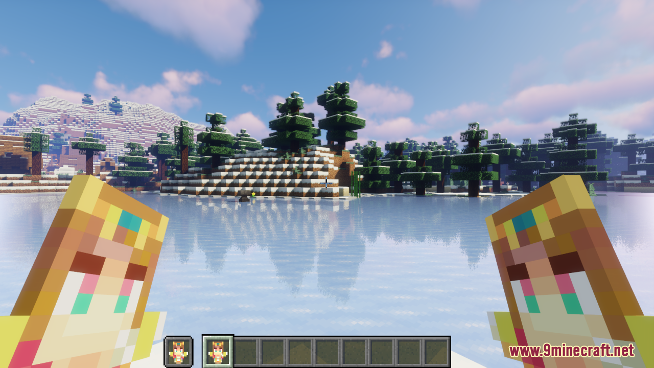 Zelda Totem of Undying Resource Pack Screenshot 6 Player dual wielding custom Zelda totems while standing on a frozen lake