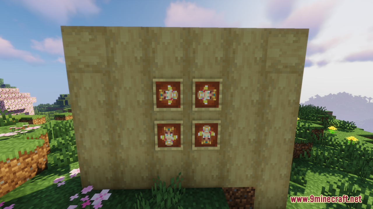 Zelda Totem of Undying Resource Pack Screenshot 7 Four Princess Zelda Totems of Undying displayed in item frames on a wall