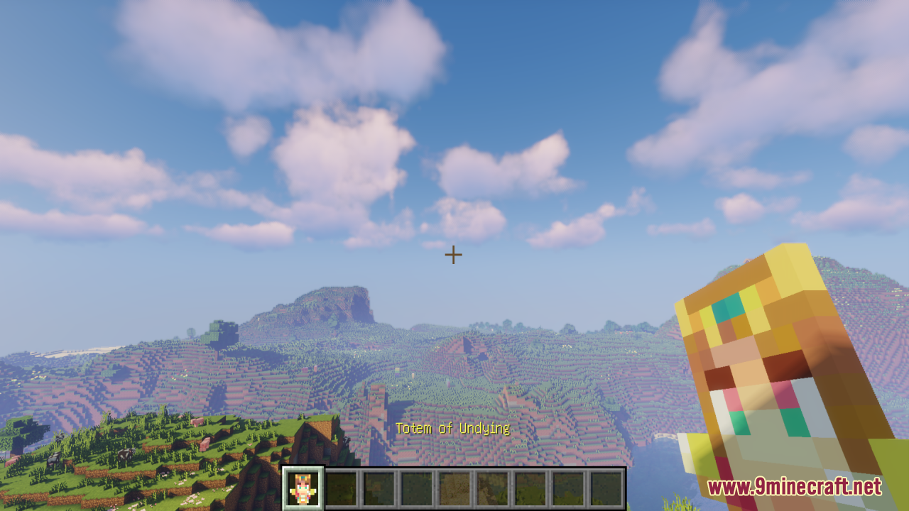 Zelda Totem of Undying Resource Pack Screenshot 9 Player holding a custom Princess Zelda Totem of Undying in a scenic landscape