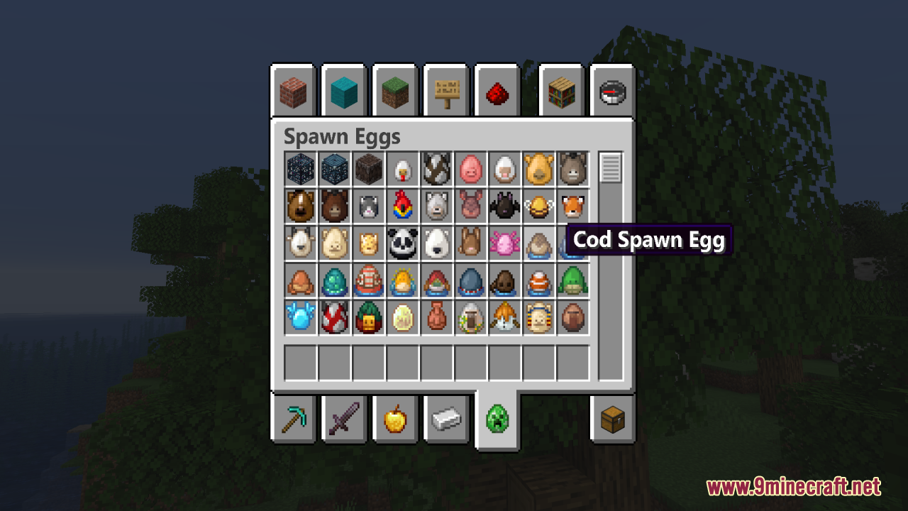Zero Particles Resource Pack Screenshot 10 Creative mode inventory showing various mob spawn eggs and updated game text