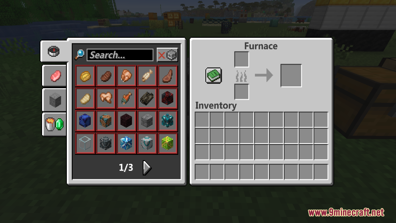 Zero Particles Resource Pack Screenshot 5 Furnace interface showing a recipe book with various food and block items