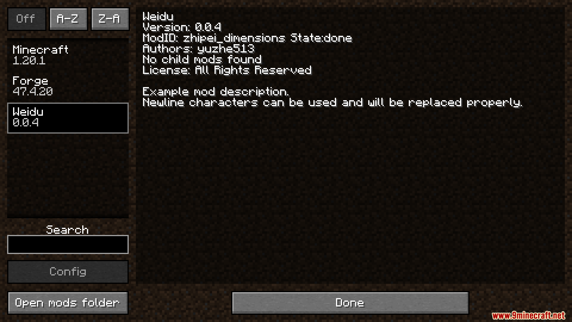 Zhipeiweidu Mod Screenshot 1 Minecraft Forge mod list screen showing details for the Weidu dimension mod