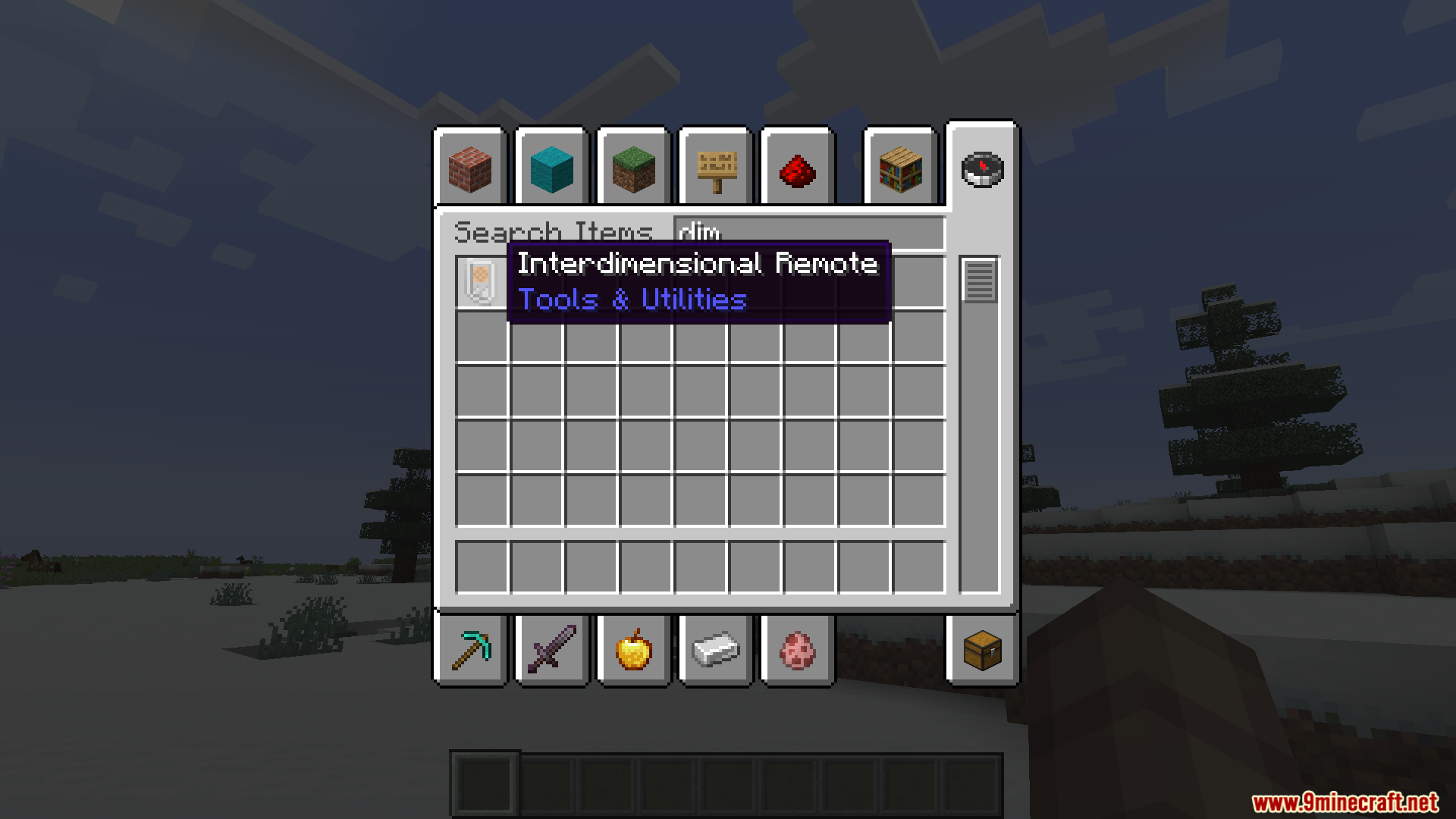 Zhipeiweidu Mod Screenshot 2 Player searching for the Interdimensional Remote item in the Minecraft creative inventory