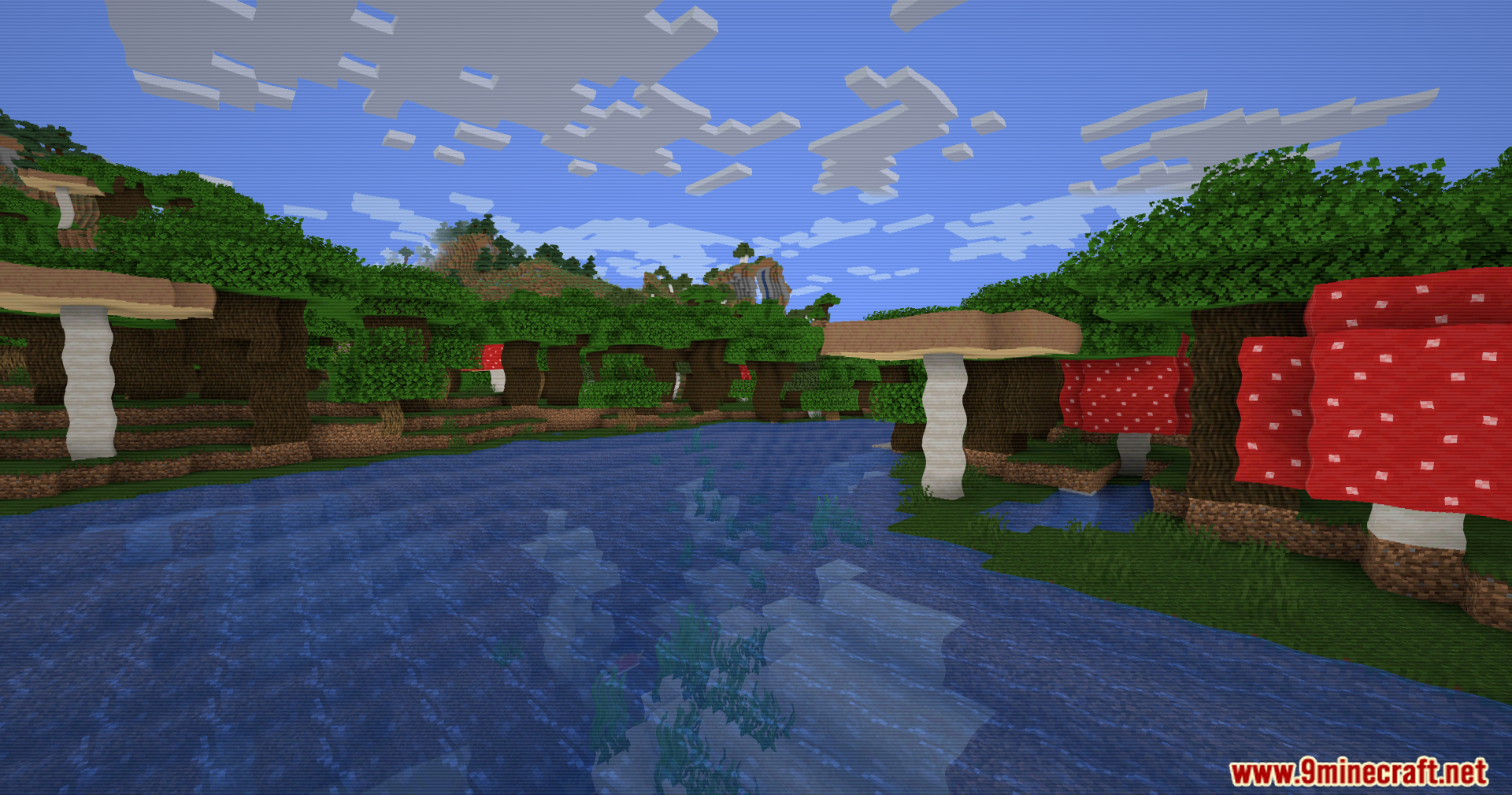 ZigCRT Shaders applied to a Minecraft landscape with giant mushrooms and a river
