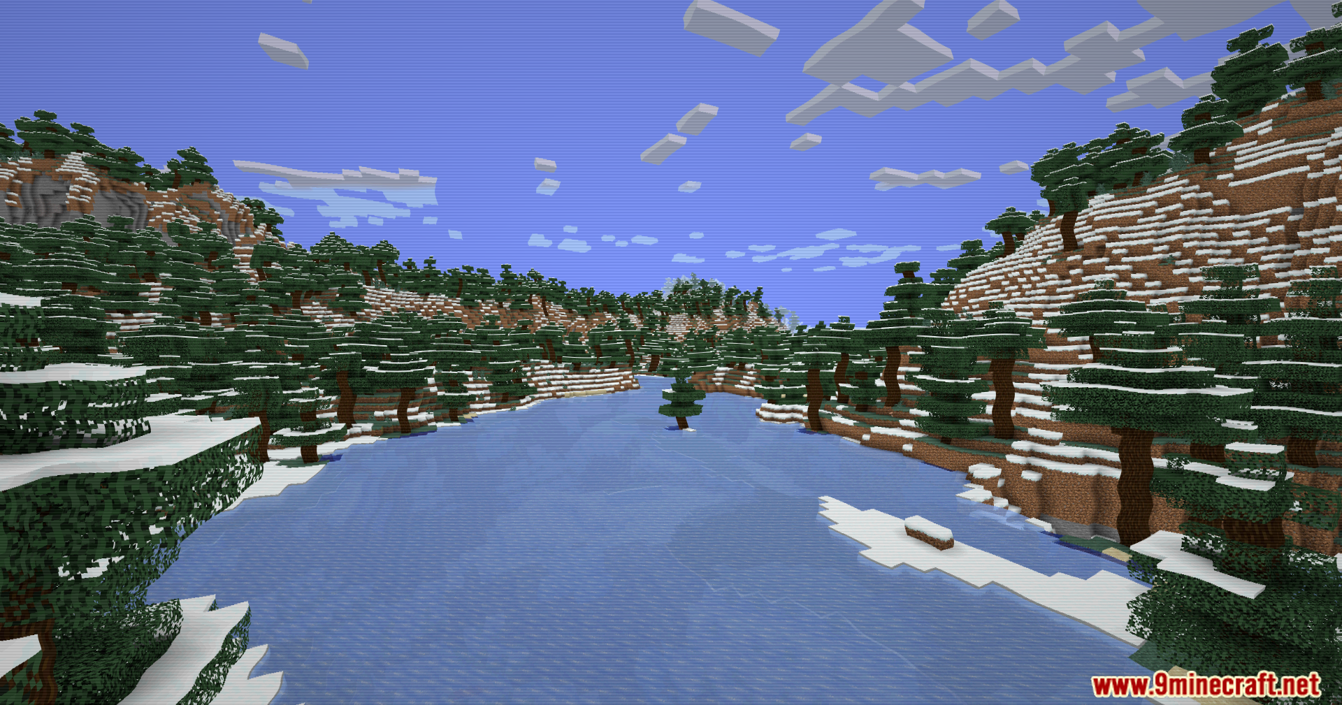 A frozen river flows through a snowy forest under a vintage television filter