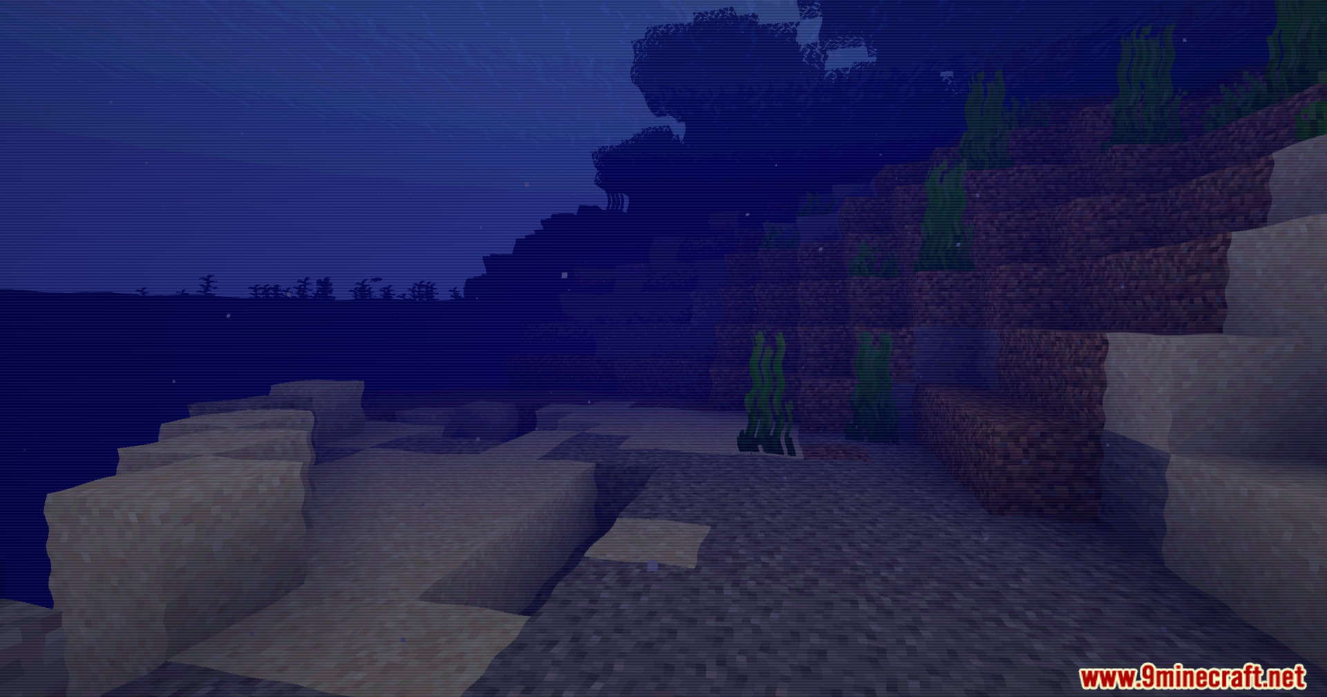 Dark underwater scene with kelp and sand blocks using a retro camera filter