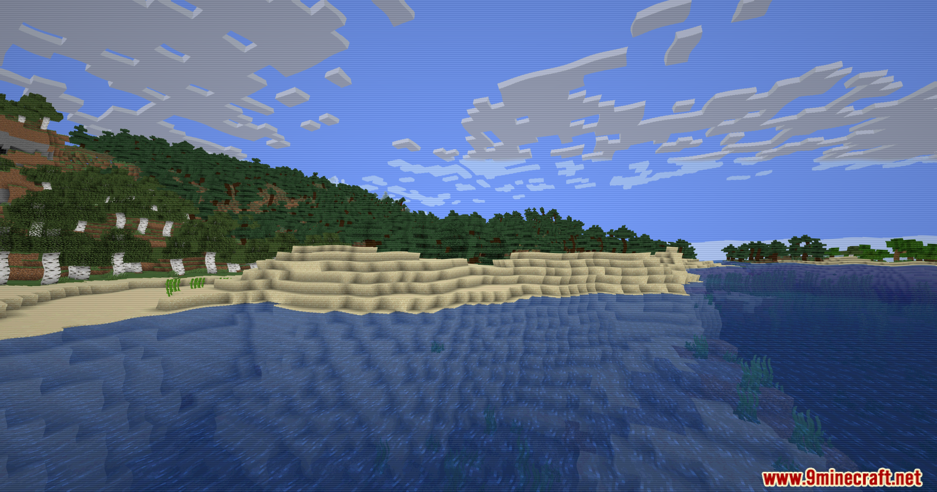 Minecraft ocean view with forest hills and retro CRT television scanline effects