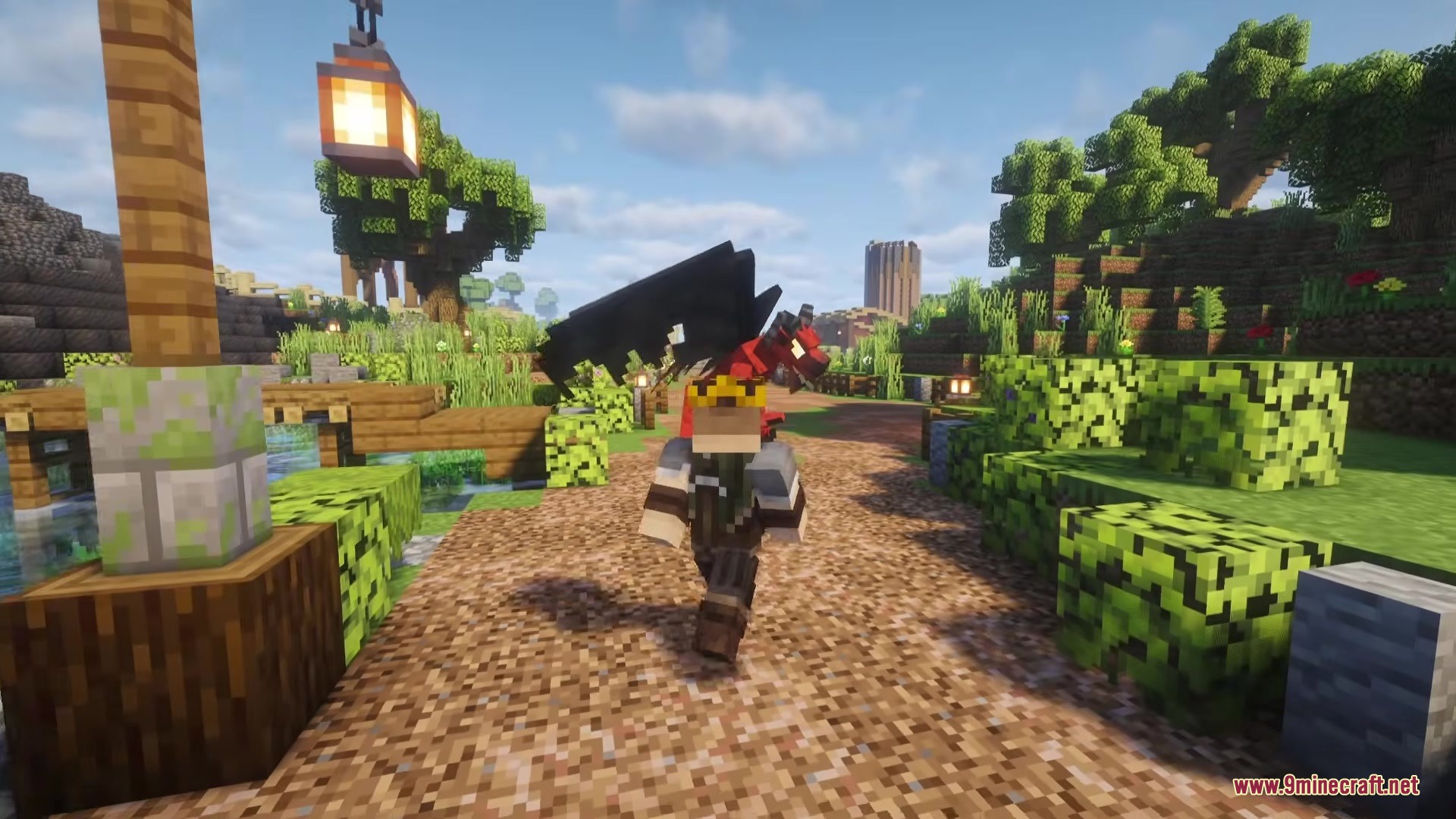 Minecraft player walking along a path with a small red dragon on shoulder