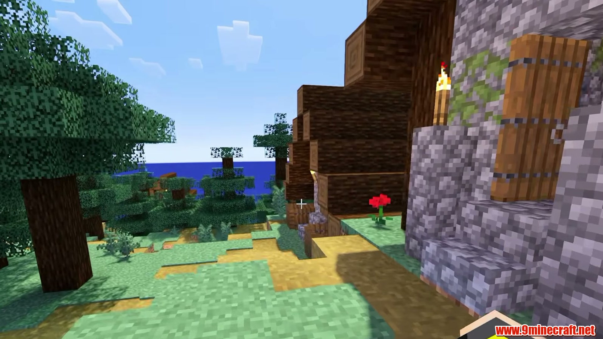Terrain and landmarks in Minecraft seed 123553276234148
