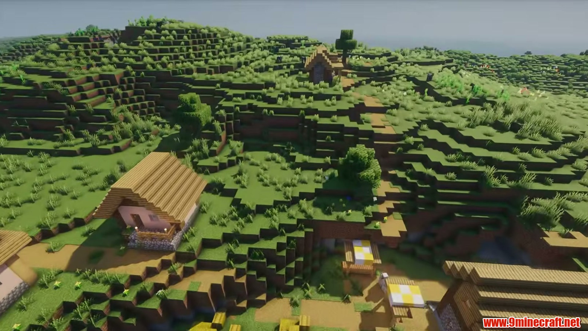 Terrain and landmarks in Minecraft seed 6566285128608805441
