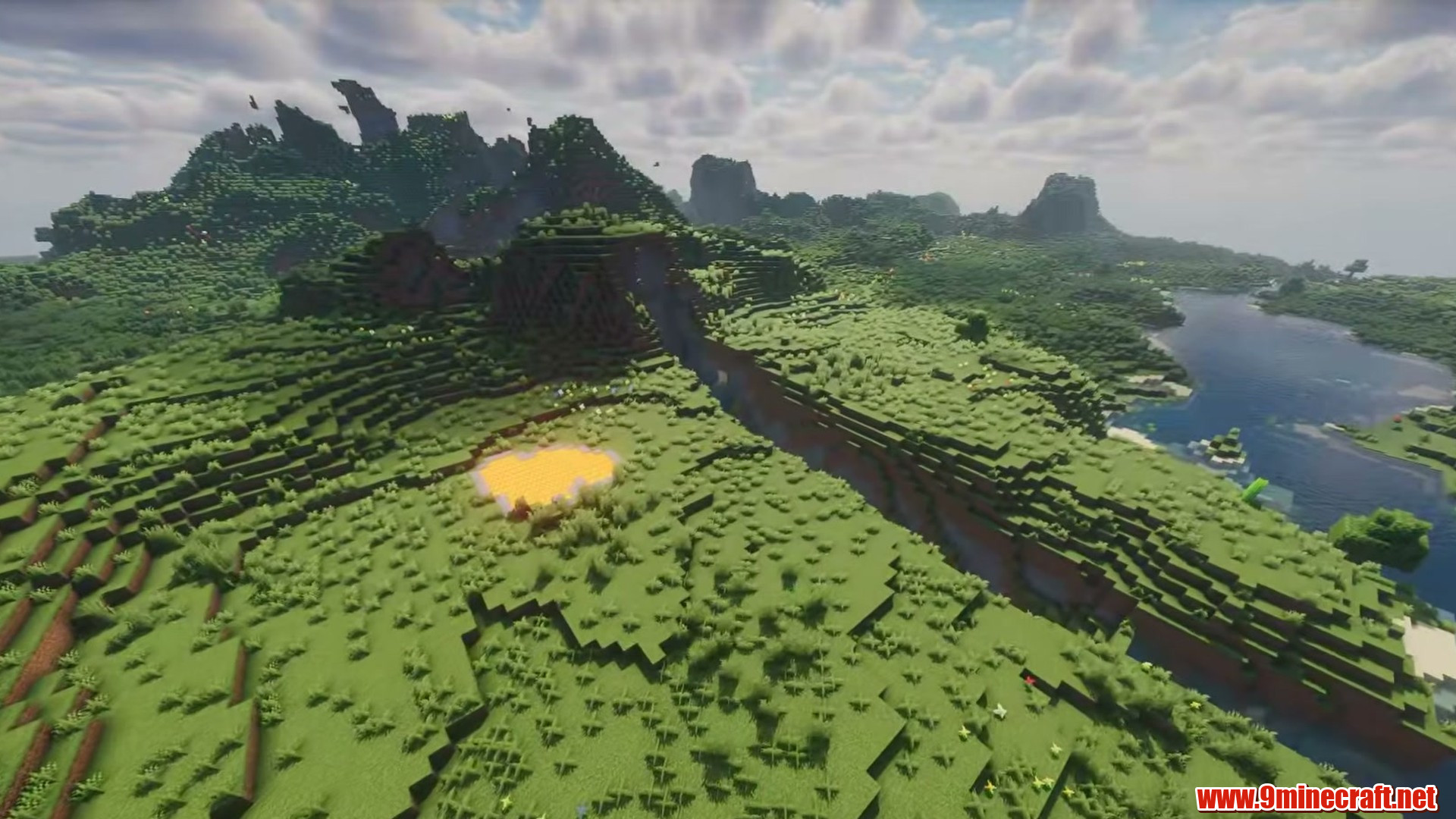 Terrain and landmarks in Minecraft seed 7878997563551513547