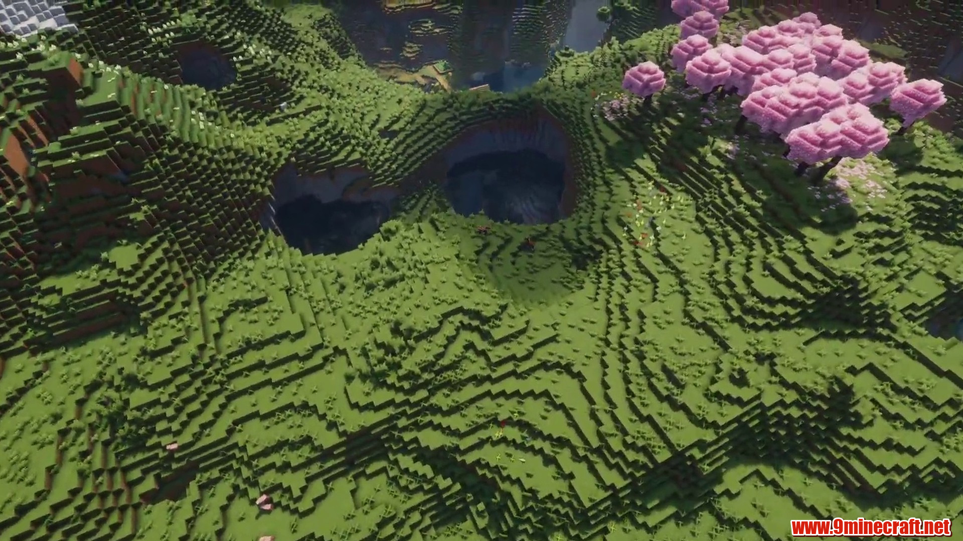 Sakura river village terrain in Minecraft seed -3218018817789768182
