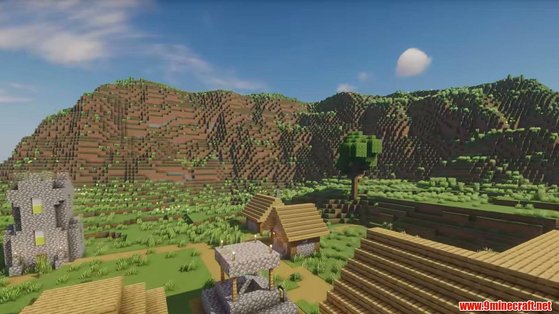 Terrain and landmarks in Minecraft seed 2335743146397639954