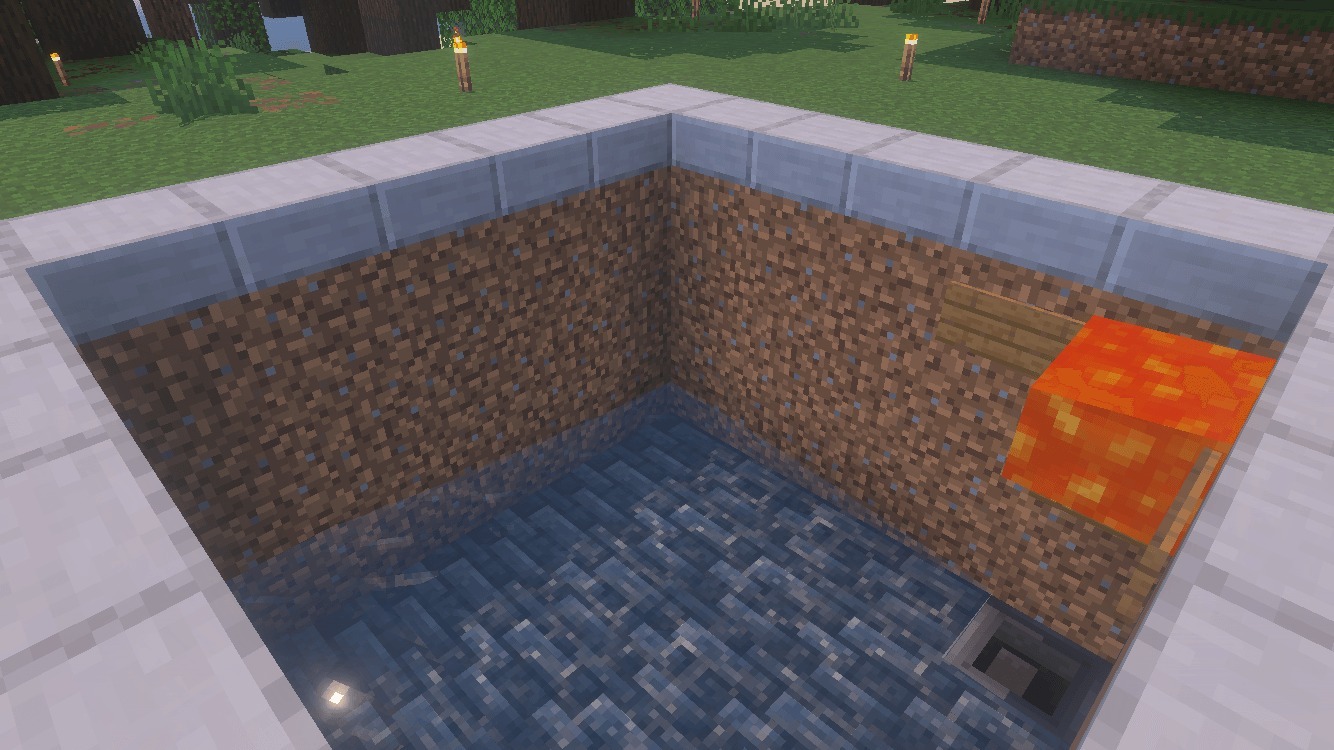1500 Days Hardcore Survival Ultimate Minecraft World Map Screenshot 1 A deep pit with water and lava held by signs and a hopper